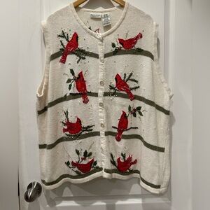 White Stag Cream Button-Front Sweater Vest with Red Cardinal Appliqués